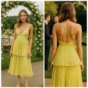NWT AMUR Lime Floral Pleated Tiered Midi Dress 6 | Wedding Guest Spring Party